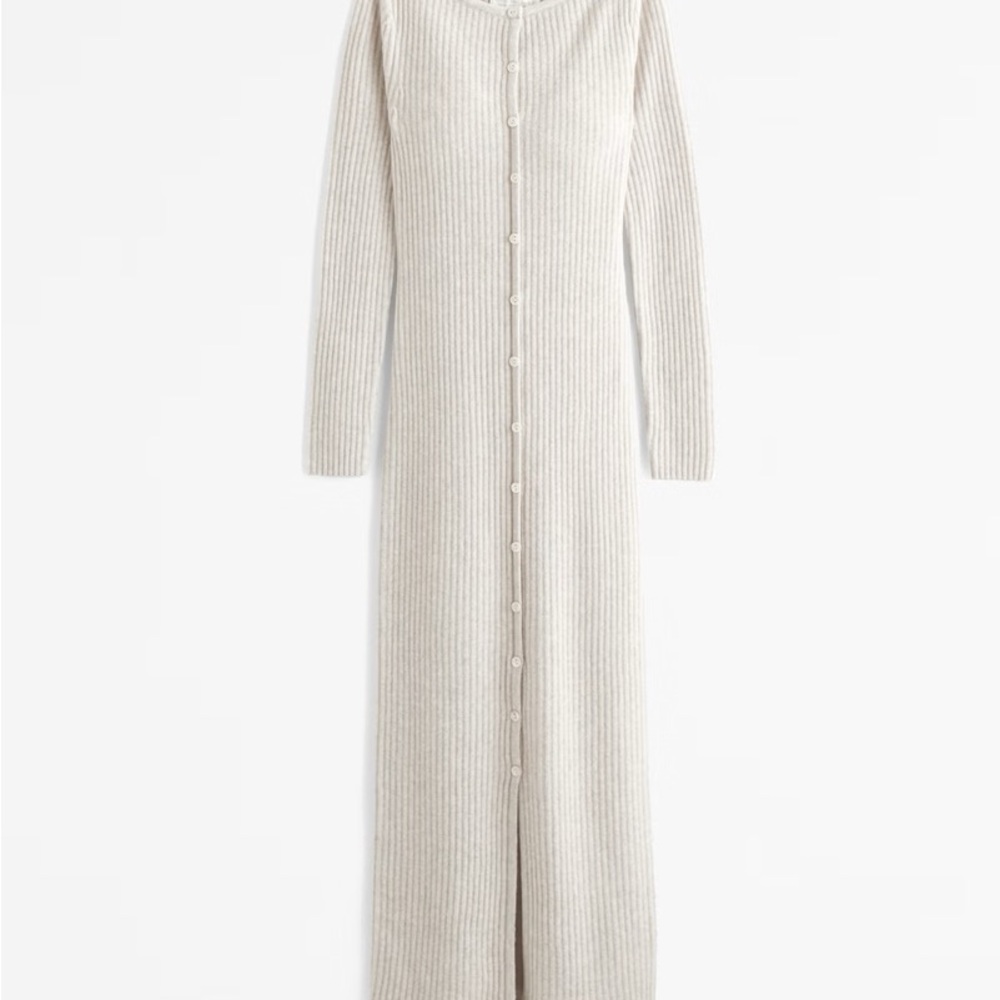 Abercrombie Beige Ribbed Long-Sleeve Button-Through Maxi Sweater Dress